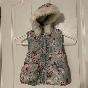 Little Lass Zip-Up Floral Puffer Vest with Fur-Lined Hood - 3T